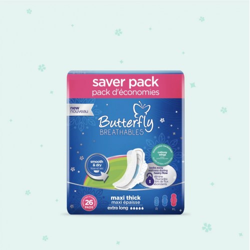 Butterfly Breathables Maxi Thick Fabric Soft Sanitary Pads Extra Long Trio Pack 26 Pcs